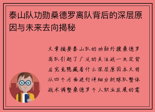 泰山队功勋桑德罗离队背后的深层原因与未来去向揭秘